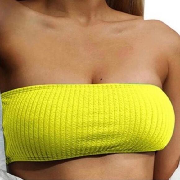 Good American Womens Crinkle Basic Bandeau Bikini‎ Top Size S-M  Yellow New - Picture 2 of 8